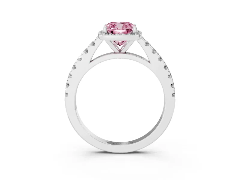 Fancy Pink Cushion Cut Diamond Halo Engagement Ring Set in Silver with Pavé Band and Prong Setting