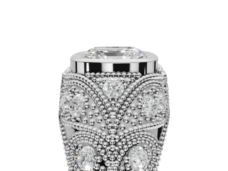 Asscher Cut Vintage Bezel Engagement Ring Setting | Beaded Paisley Shoulders | Sterling Silver