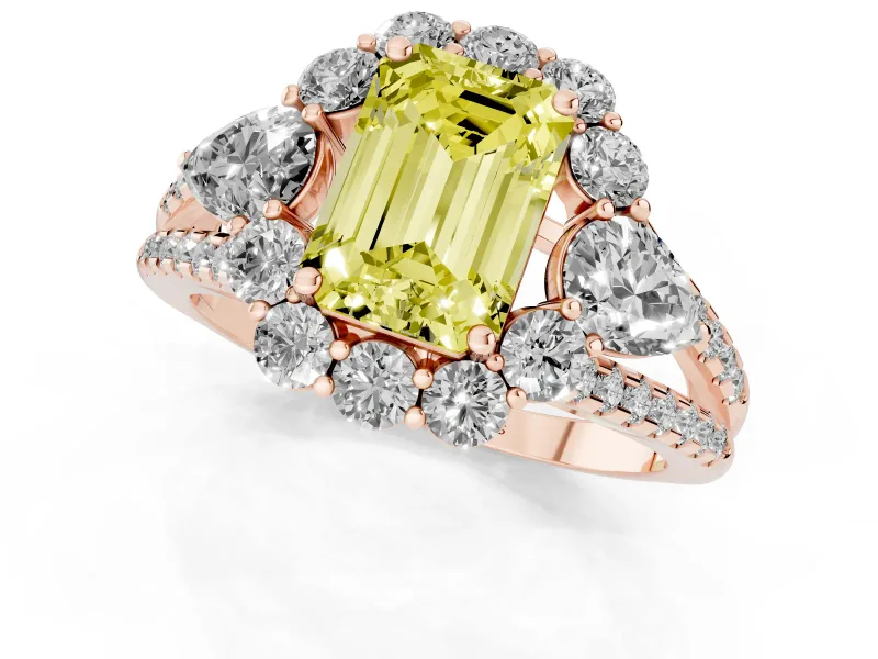 Fancy Yellow Emerald Cut Diamond Halo Split Shank Engagement Ring Set in Rose gold with Prong-Held Center Stone
