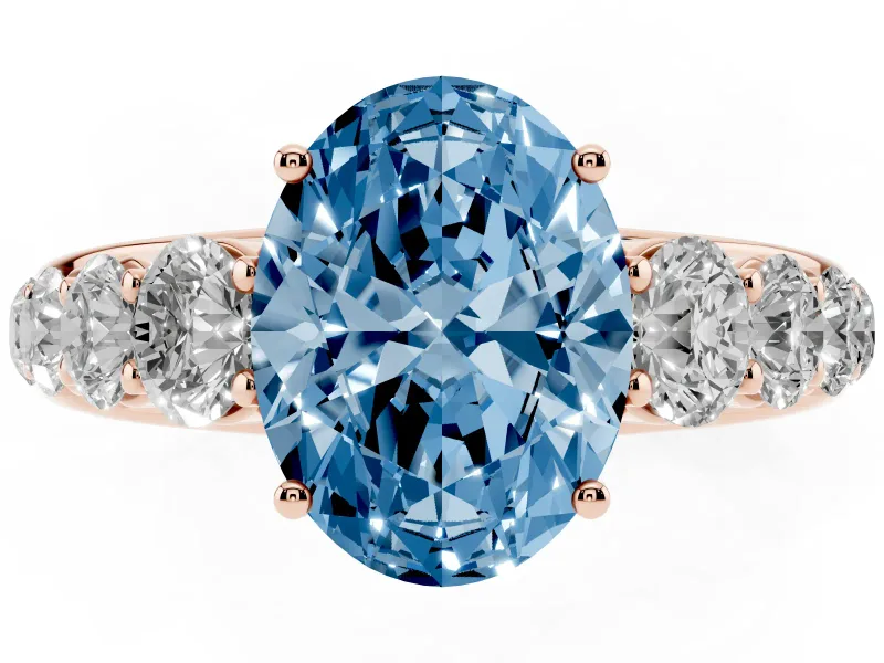 Oval Graduated Side Stone Engagement Ring Setting for a Fancy Blue Lab-Grown Diamond | Flat Top Band | Rose Gold