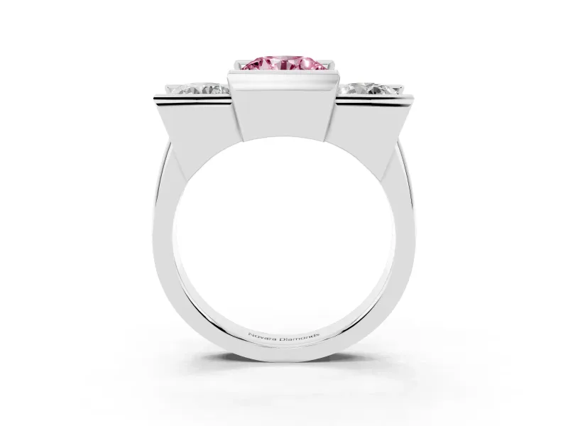 Fancy Pink Round Cut Diamond Three-Stone Channel Set Ring Set in Silver with Smooth Polished Band