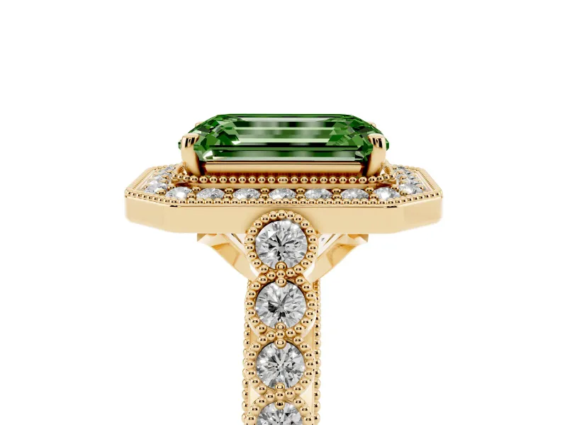 Emerald Cut Graduated Milgrain Halo Engagement Ring Setting for a Fancy Green Lab-Grown Diamond | Yellow Gold