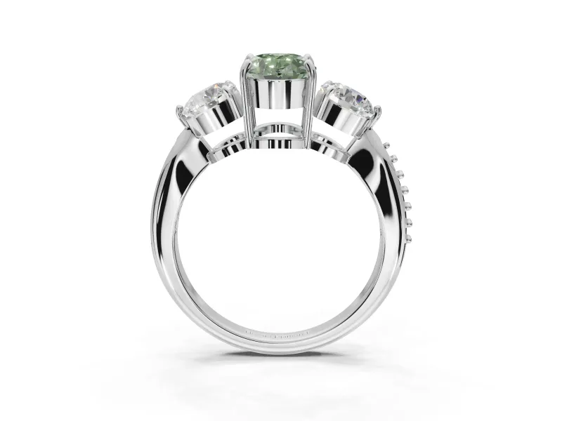 Oval Three Stone Engagement Ring Setting for a Fancy Green Lab-Grown Diamond | Tapered Pave Band | Platinum