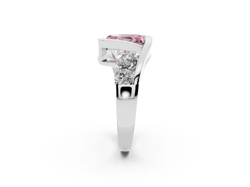 Fancy Pink Radiant Cut Diamond Bezel Bypass Ring Set in Platinum with Round Accents