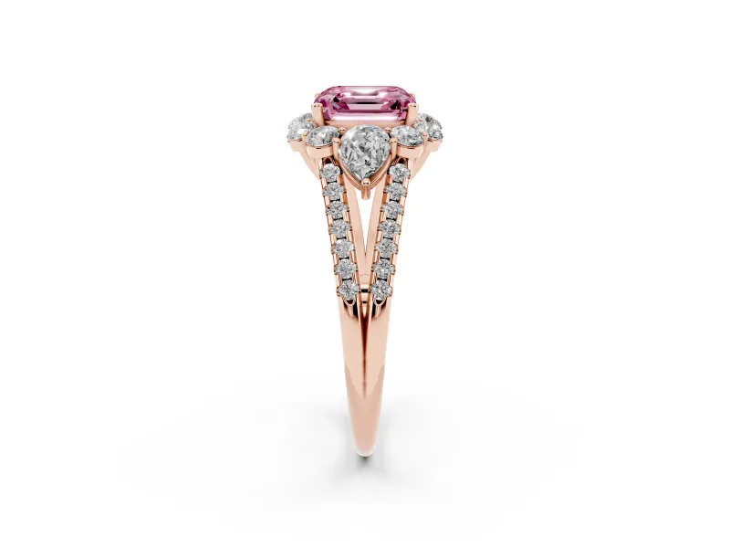 Asscher Cut Scalloped Halo Engagement Ring Setting for a Fancy Pink Lab-Grown Diamond | Pear Side Stones | Rose Gold