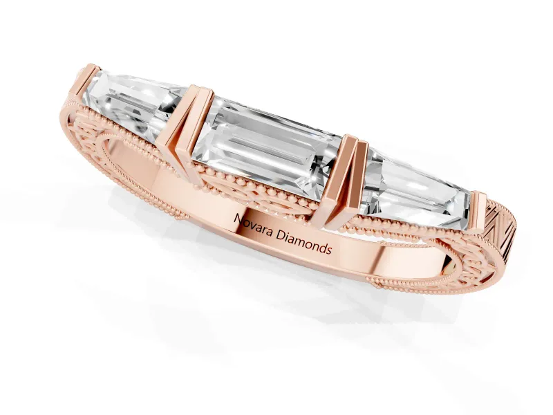 Baguette and Pear-Shaped Lab-Grown Diamond Milgrain Wedding Band | Chevron Sides | Rose Gold