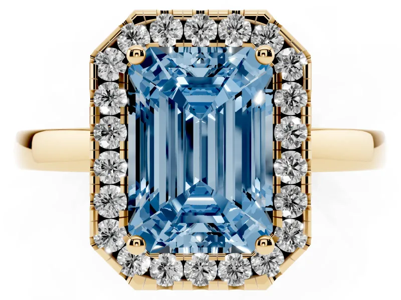 Fancy Blue Emerald Cut Diamond Halo Solitaire Ring Set in Yellow gold with Pavé Band and Prong Setting