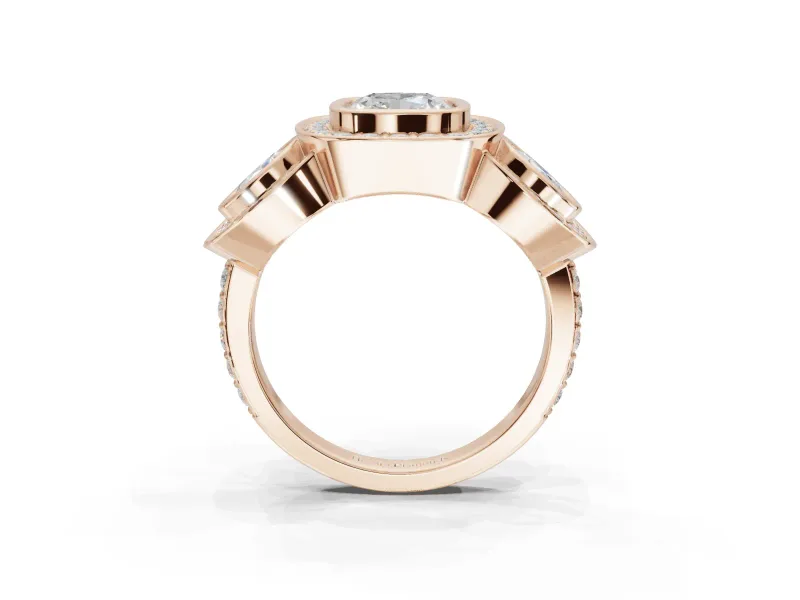 Cushion Cut Three Stone Halo Engagement Ring Setting | Bezel Set | Rose Gold
