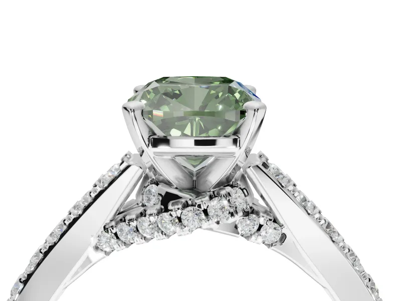 Cushion Cut Pavé Engagement Ring Setting for a Fancy Green Lab-Grown Diamond | Crossover Gallery | Sterling Silver