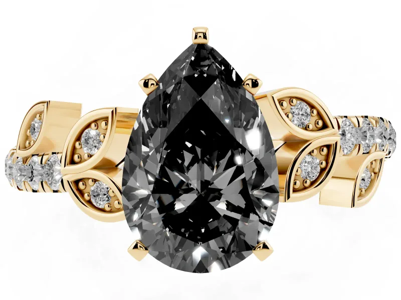 Fancy Black Pear Cut Diamond Solitaire Leaf-Inspired Ring Set in Yellow gold with Pavé Band and Prong Setting