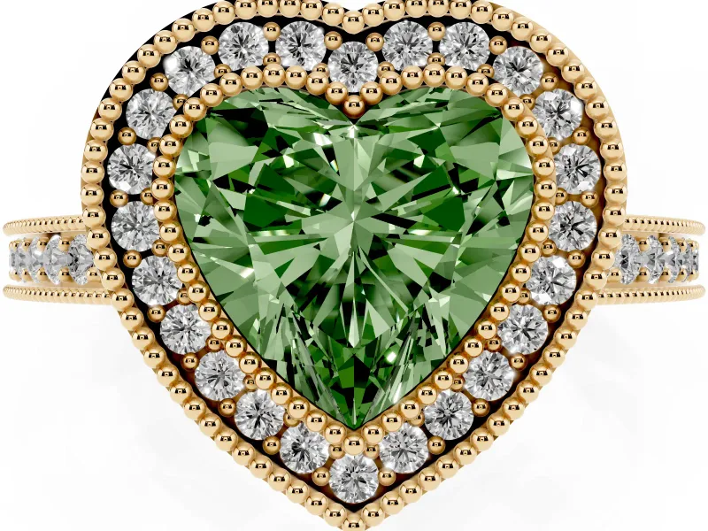 Heart-Shaped Double Milgrain Halo Engagement Ring Setting for a Fancy Green Lab-Grown Diamond | Pave Band | Yellow Gold
