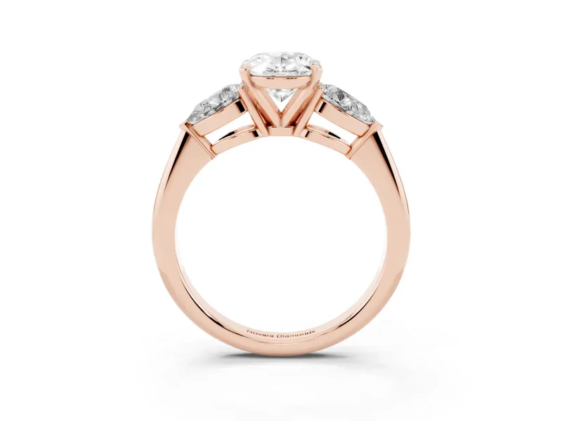 Three-Stone Oval Cut Diamond Ring Set in Rose gold with Pear Side Stones and Prong Setting