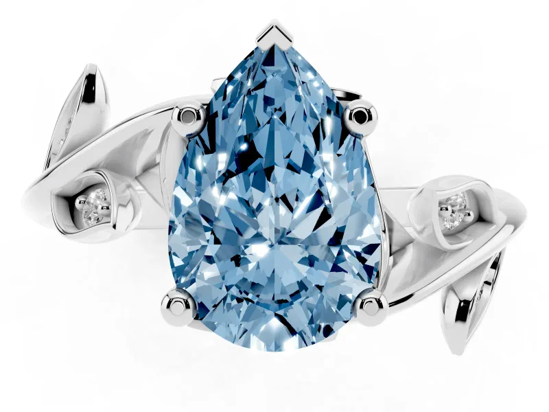 Fancy Blue Pear Cut Diamond Solitaire Twist Engagement Ring Set in White gold with Pavé Leaf Accents