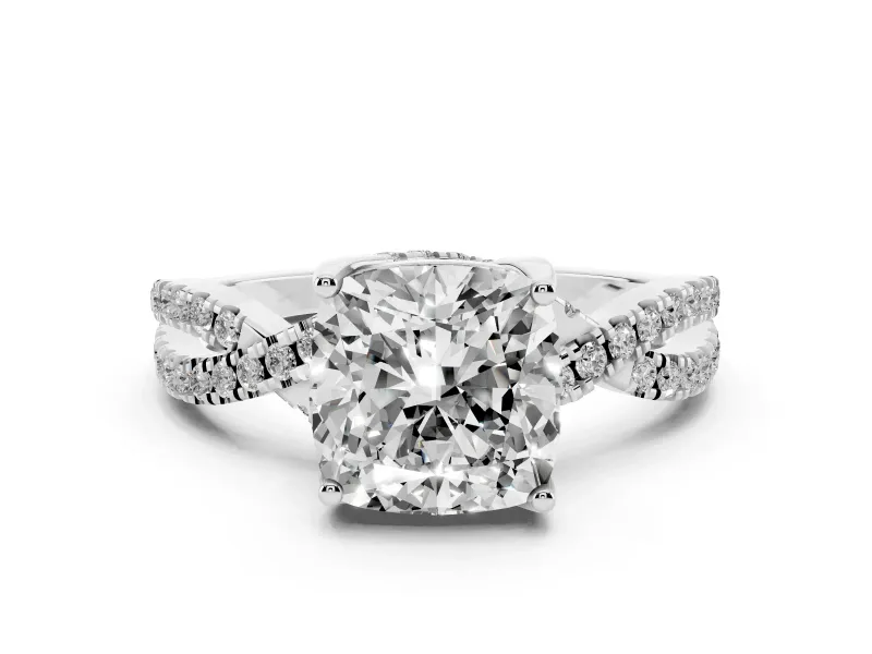 Cushion Cut Diamond Twist Pavé Solitaire Engagement Ring Set in Platinum with Prong Setting
