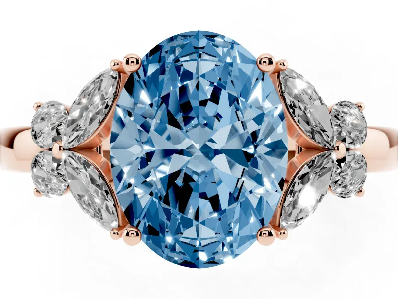 Fancy Blue Oval Cut Diamond Solitaire Floral Ring Set in Rose gold with Marquise Petals and Prong Setting