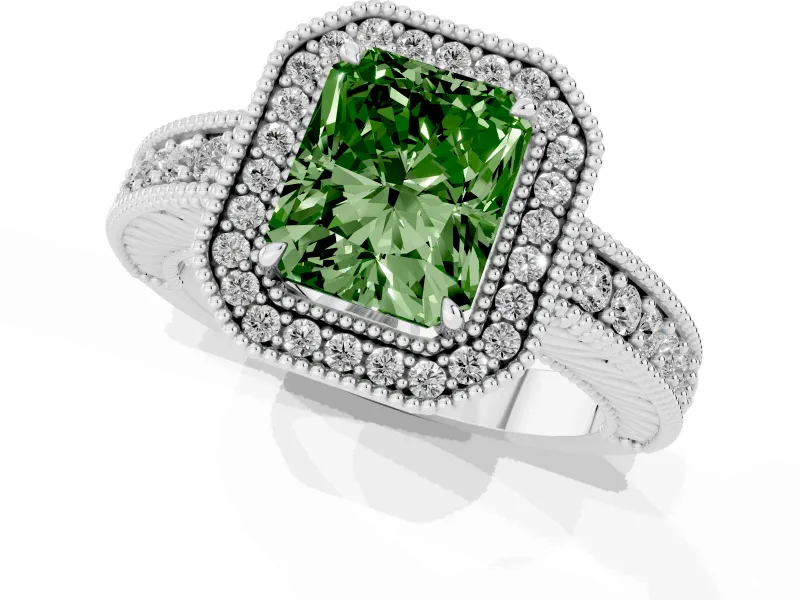 Radiant Cut Milgrain Halo Engagement Ring Setting for a Fancy Green Lab-Grown Diamond | Carved Leaf Detail | White Gold