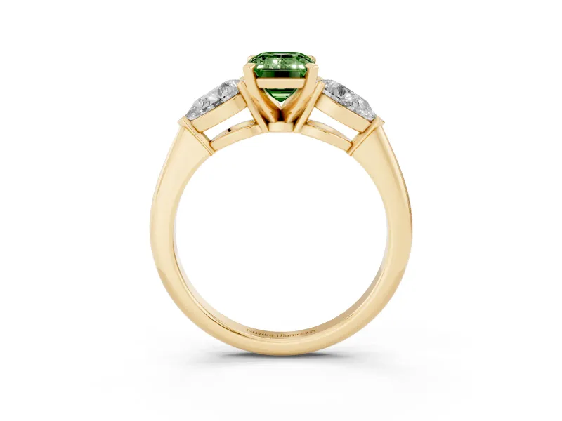 Fancy Green Three-Stone Emerald Cut Diamond Ring Set in Yellow gold with Pear Side Stones and Prong Setting