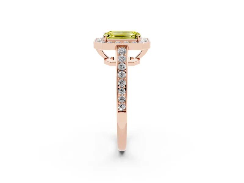 Fancy Yellow Emerald Cut Diamond Halo Pavé Engagement Ring Set in Rose gold with Bezel Setting