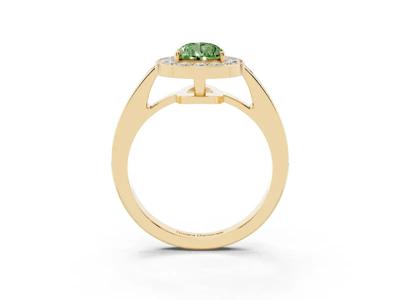 Fancy Green Pear Cut Diamond Halo Pavé Engagement Ring Set in Yellow gold with Bezel Setting