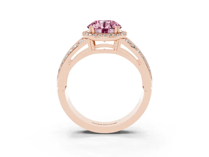Round Halo Engagement Ring Setting for a Fancy Pink Lab-Grown Diamond | Split Shank | Rose Gold