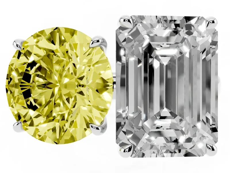 Fancy Yellow Round Cut and Emerald Cut Toi Moi Ring Set in Silver with Prong Setting