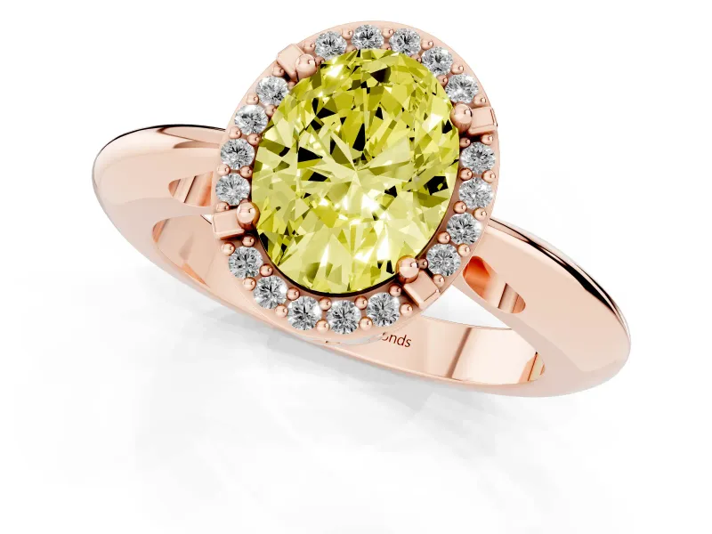 Fancy Yellow Oval Cut Diamond Halo Engagement Ring Set in Rose gold with Plain Split Shank and Prong Setting