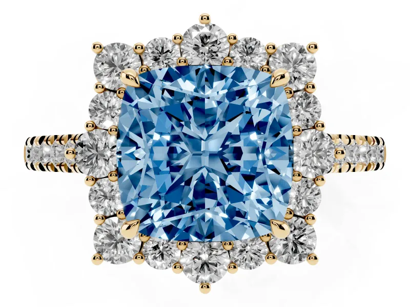 Cushion Cut Scalloped Halo Engagement Ring Setting for a Fancy Blue Lab-Grown Diamond | Single Row Pave | Yellow Gold