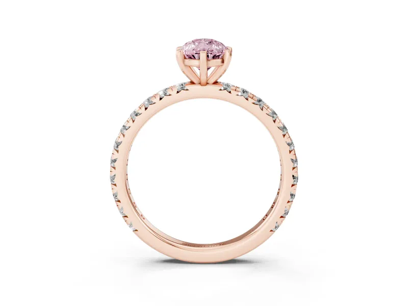 Fancy Pink Pear Cut Diamond Pavé Solitaire Ring Set in Rose gold with Round Band and Prong Setting