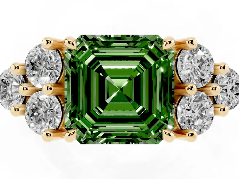 Fancy Green Asscher Cut Diamond Solitaire Ring Set in Yellow gold with Cluster Accents on Each Side