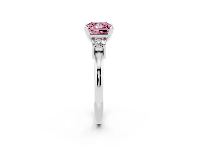 Fancy Pink Three-Stone Princess Cut Diamond Ring Set in White gold with Prong Setting and Plain Band