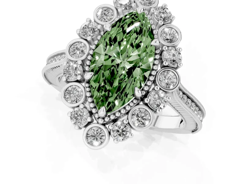 Fancy Green Marquise Cut Diamond Halo Milgrain Pavé Ring Set in White gold with Prong Setting