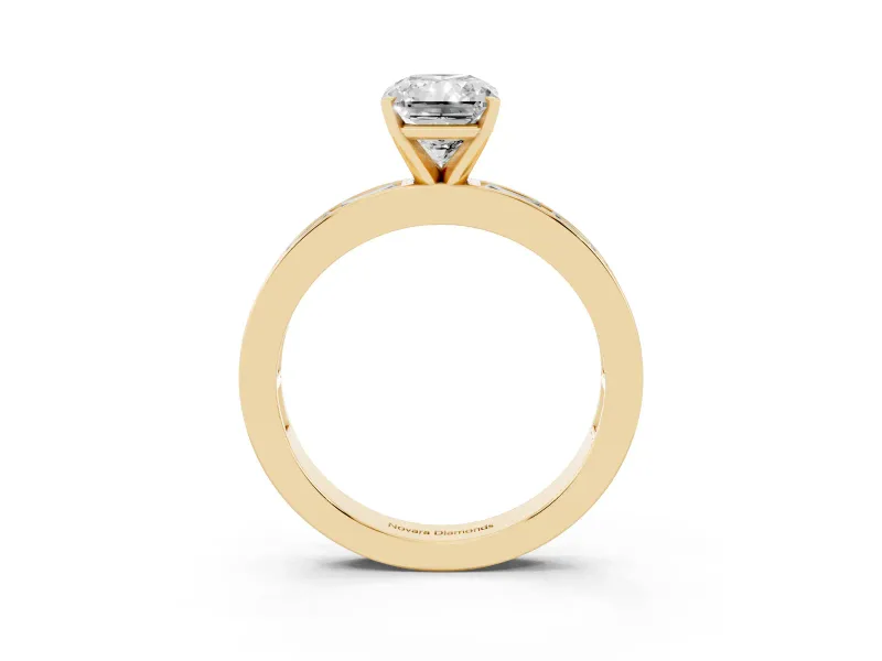 Radiant Cut Diamond Solitaire Ring Set in Yellow gold with Channel-Set Baguette Band and Prong Setting