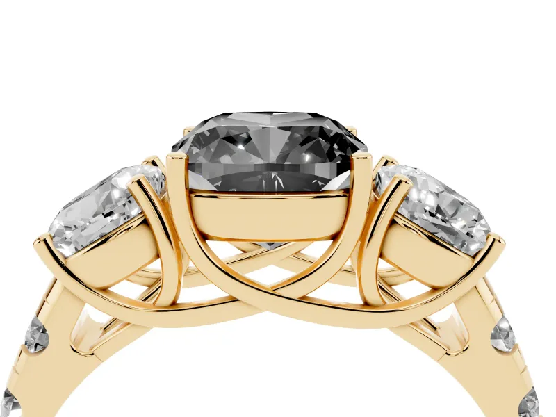 Cushion Cut Three Stone Engagement Ring Setting for a Black Center | Accented Shoulders | Yellow Gold