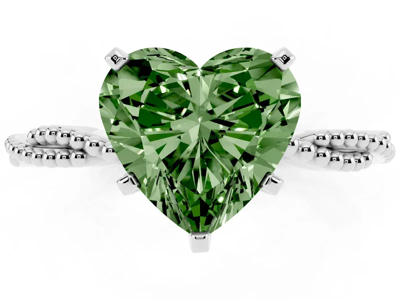 Fancy Green Heart Cut Diamond Solitaire Ring Set in Platinum with Twisted Band and Bead Prong Setting