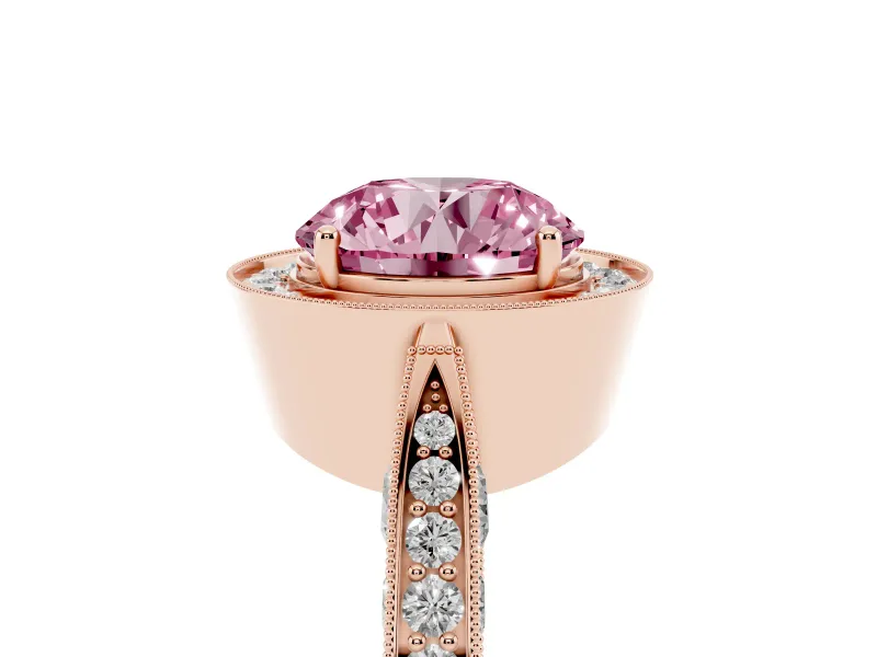 Round Milgrain Halo Engagement Ring Setting for a Fancy Pink Lab-Grown Diamond | Side Stones | Rose Gold