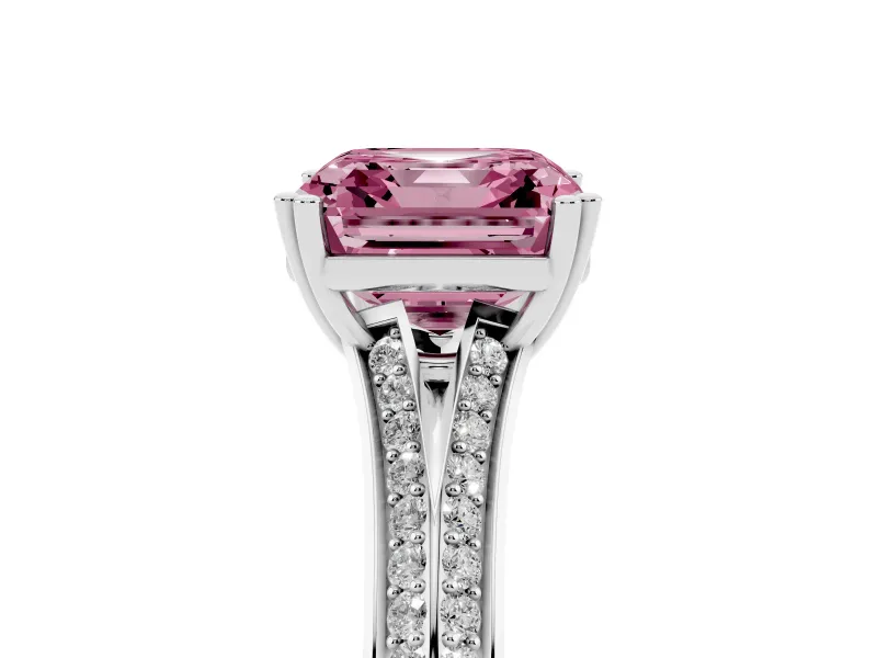 Fancy Pink Asscher Cut Diamond Split Shank Pavé Engagement Ring Set in Platinum with Prong-Set Center Stone