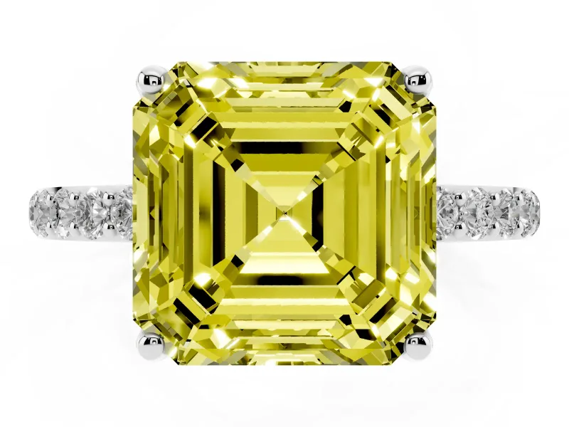 Asscher Cut Pave Solitaire Engagement Ring Setting for a Fancy Yellow Lab-Grown Diamond | Slim Band | Sterling Silver
