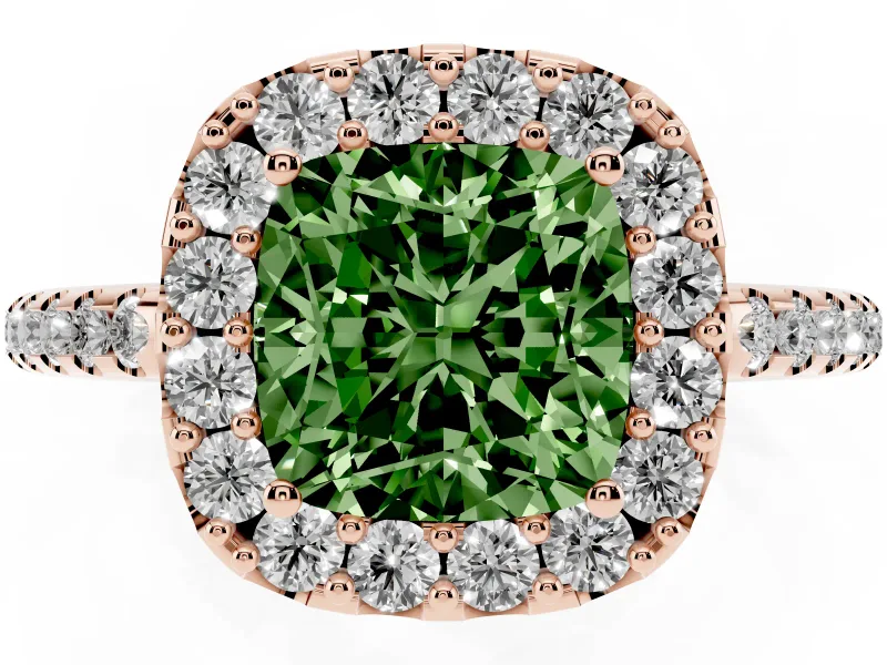 Cushion Cut Pave Halo Engagement Ring Setting for a Fancy Green Lab-Grown Diamond | Pave Band | Rose Gold