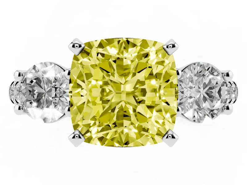Fancy Yellow Three-Stone Cushion Cut Diamond Pavé Band Ring Set in Platinum with Prong-Set Trio