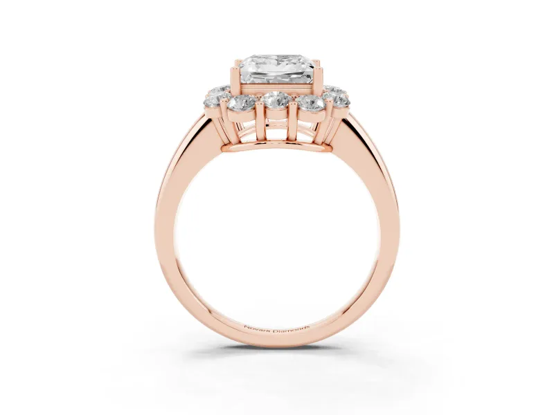 Princess Cut Milgrain Halo Engagement Ring Setting | Graduated Bezel Accents | Rose Gold