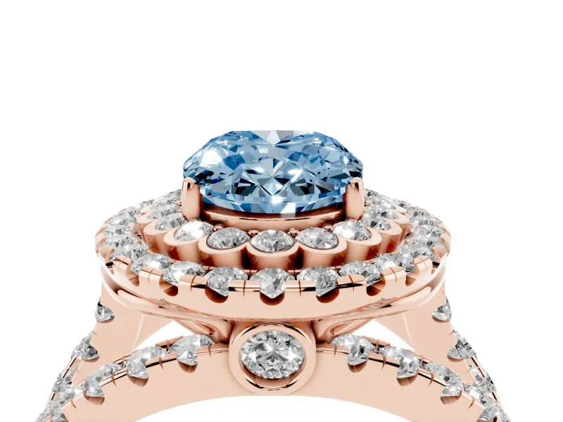 Oval Double Halo Split Shank Engagement Ring Setting for a Fancy Blue Lab-Grown Diamond | Pave Strands | Rose Gold