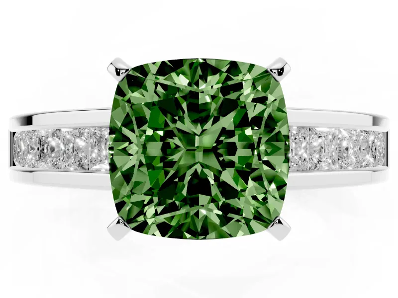 Fancy Green Cushion Cut Diamond Solitaire Ring Set in White gold with Channel-Set Band and Prong Setting