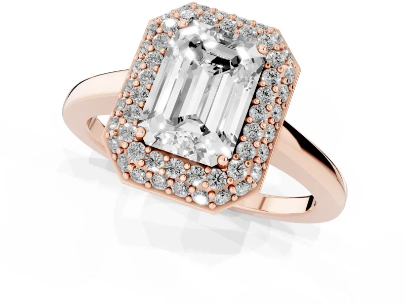 Emerald Cut Pave Halo Engagement Ring Setting | Slim Plain Band | Rose Gold