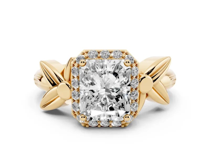 Radiant Cut Diamond Halo Floral Band Ring Set in Yellow gold with Prong Setting
