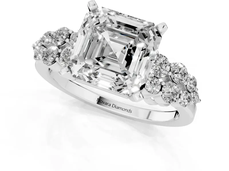 Asscher Cut Side Stone Engagement Ring Setting | Two-Row Shoulder Clusters | White Gold
