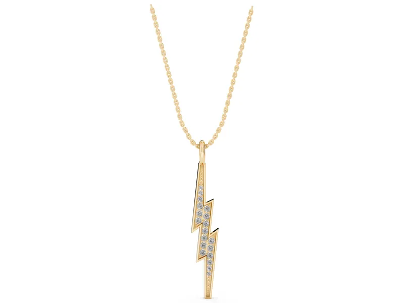 Round Lab-Grown Diamond Pavé Lightning Bolt Pendant Necklace | Polished Rim | Yellow Gold