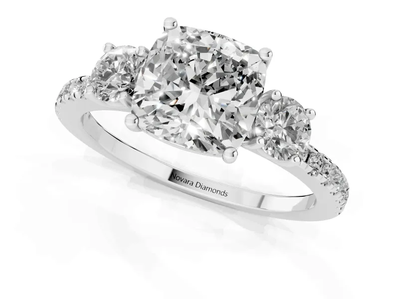 Cushion Cut Three Stone Engagement Ring Setting | Pave Shoulders | Platinum