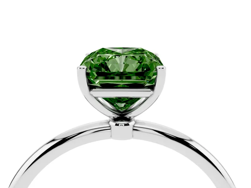 Fancy Green Radiant Cut Diamond Solitaire Engagement Ring Set in Platinum with Thin Band and Prong Setting