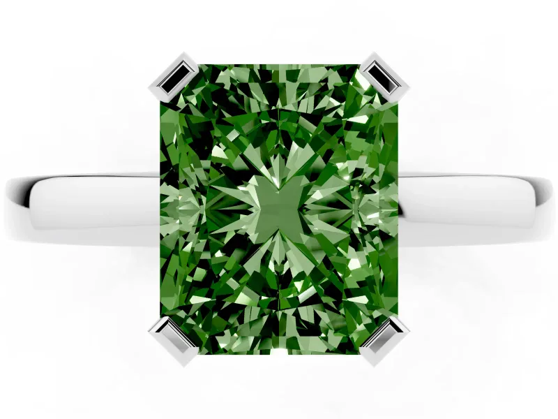 Fancy Green Radiant Cut Diamond Solitaire Ring Set in Silver with Prong Head and Smooth Polished Band