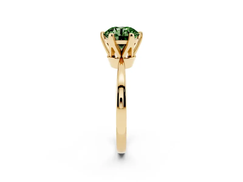 Fancy Green Round Cut Diamond Solitaire Engagement Ring Set in Yellow gold with Slim Tapered Solitaire Band